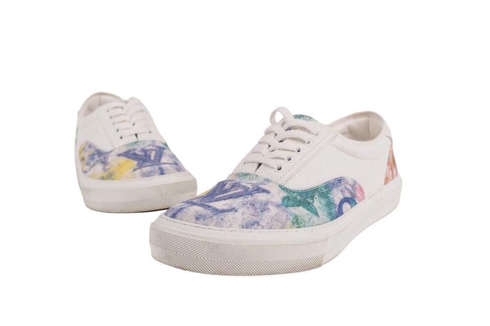 Louis Vuitton White Blue Yellow Trocadero Sneakers Monogram Watercolor Canvas Si